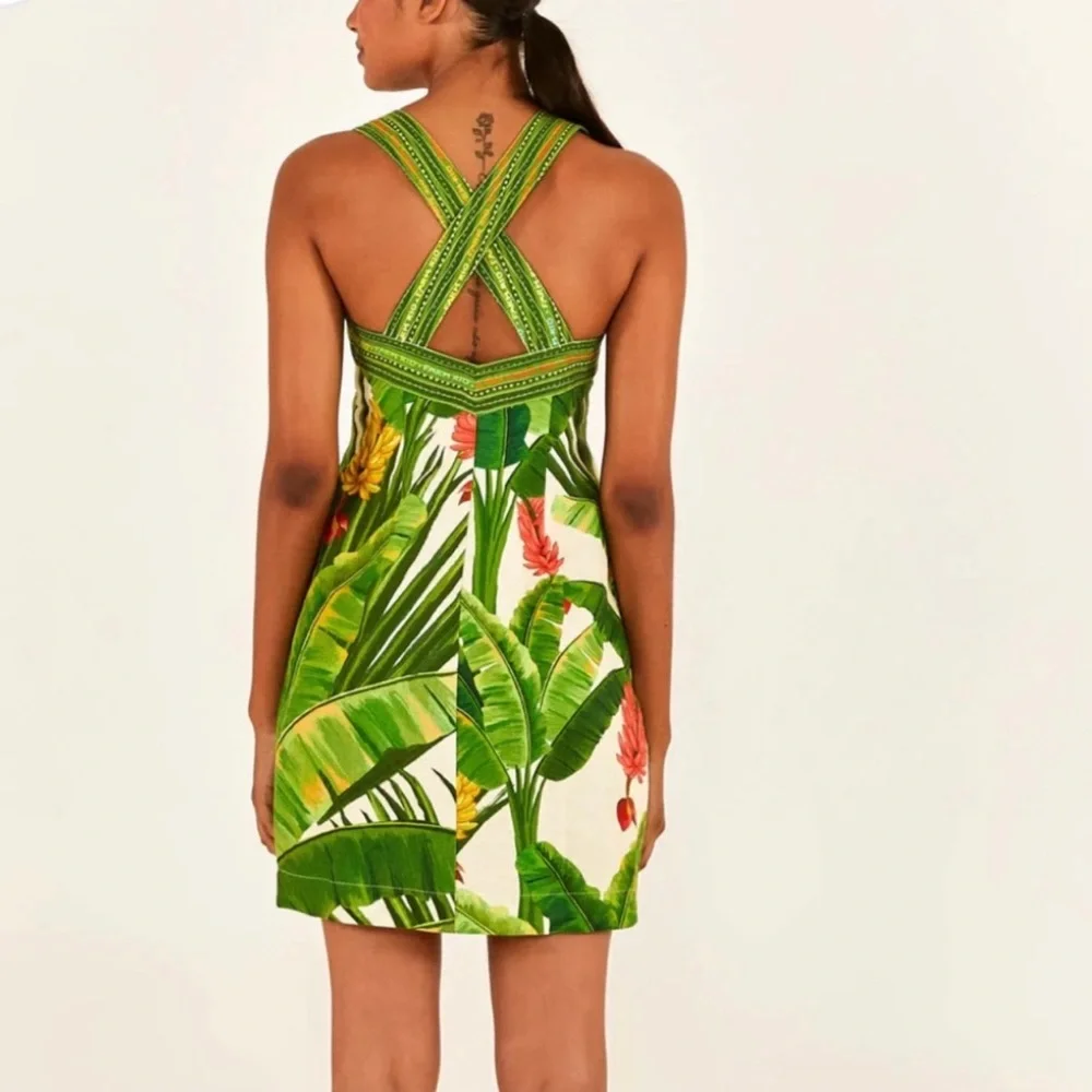 New Farm Rio Fresh Forest Scarf Sweetheart-Neck Minidress S - Picture 3 of 6